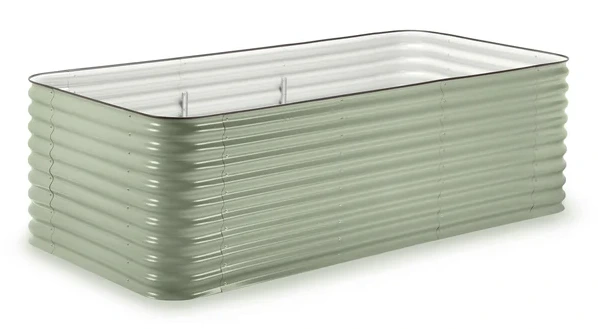 Epic Gardening raised bed with sage green corrugated metal construction